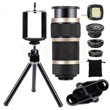 Mobile Lens Kit 8X Zoom Telephoto Lentes Fish eye Wide Angle Macro Lenses For iPhone 7 6 6s Plus 5 Smartphone Selfie lamp Tripod
