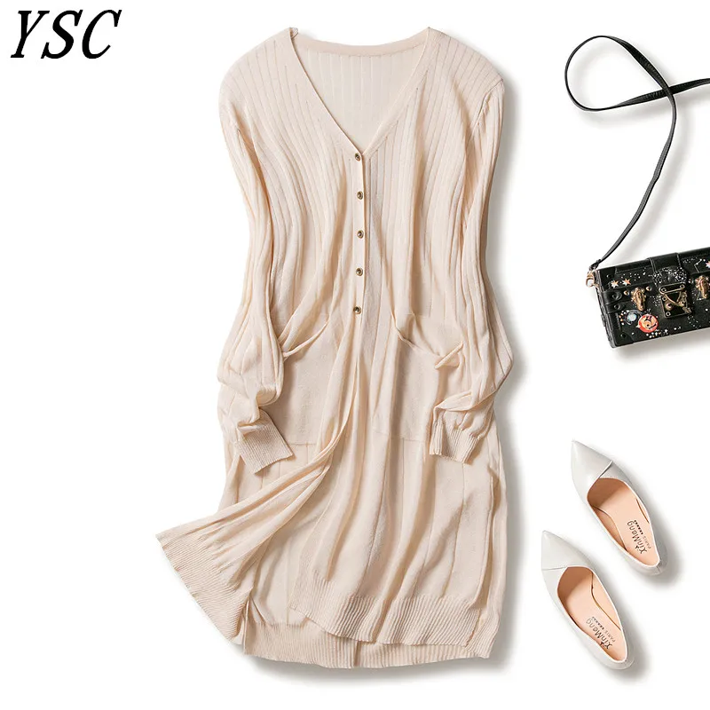 

YSC 2019 Summer New Design Linen cardigan V collar Pleasantly cool Knitted Shirt Loog paragraph Sunscreen pocket Long style