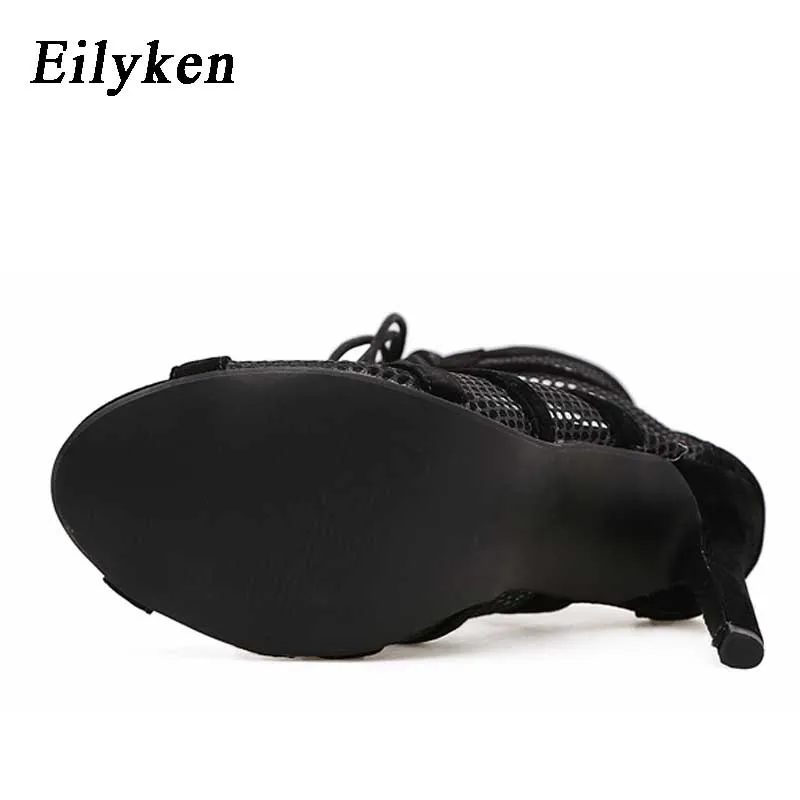 Eilyken, новые модные пикантные босоножки на высоком каблуке с перекрестными ремешками из черной сетчатой ткани женские туфли-лодочки Босоножки с открытым носком на шнуровке