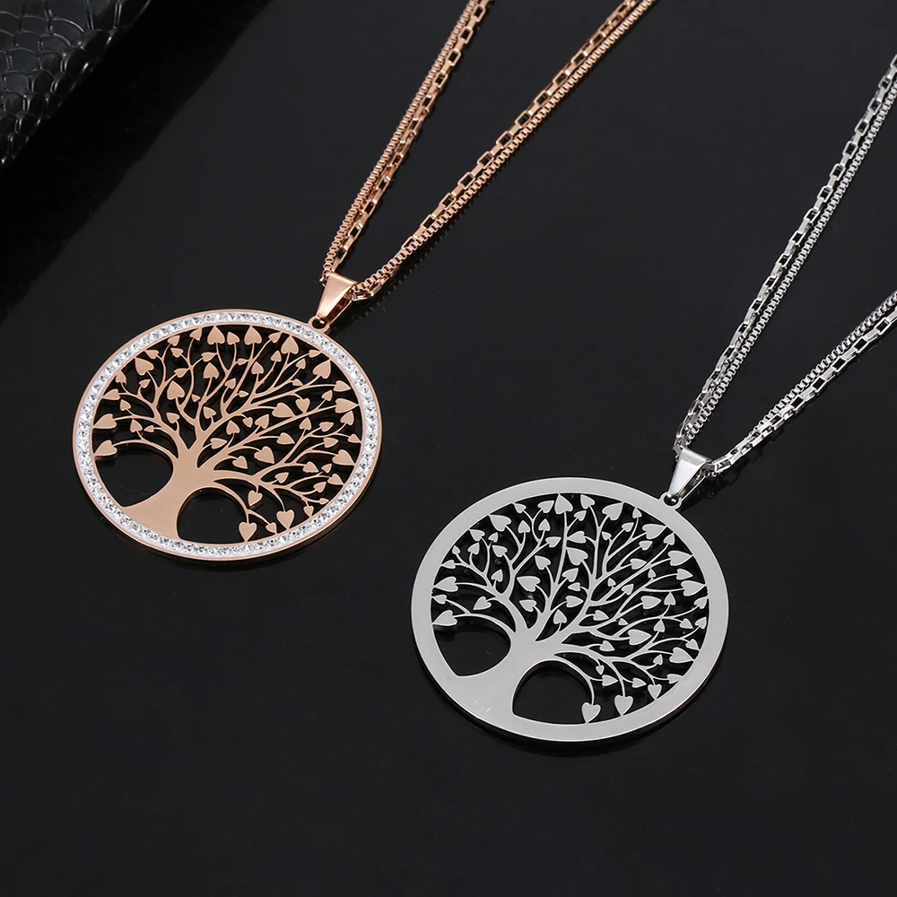 Gold Tree Of Life Big Round Pendant Necklace With Rhinestone Geometry Stainless Steel Long Necklaces for Women Jewelry New