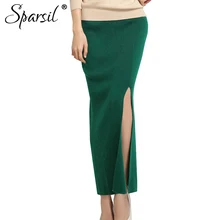 Sparsil женские осенние шерстяные вязаные длинные юбки зимние однотонные с высокой талией СПЛИТ эластичные длиной до щиколотки Falda женские прямые макси