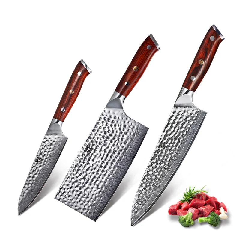 FANGZUO, дамасская сталь, высокое качество, 3 шт., набор кухонных ножей, 5 дюймов, универсальные ножи, 7 дюймов, Кливер, 8,5 дюймов, нож шеф-повара - Цвет: FU-3PCS