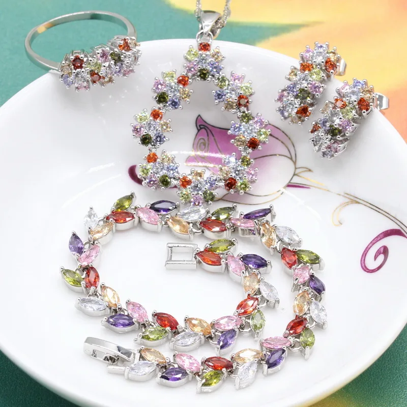 

Beautiful Trendy Geometric Multi-color Semi-precious Stone Silver 925 Jewelry Sets For Women Pendant Ring Stud Earrings Bracelet