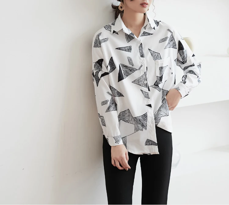 Рубашка с геометрическим принтом, отложной воротник, повседневные свободные офисные женские топы, шифон, рукав летучая мышь, модная женская блуза T91016R