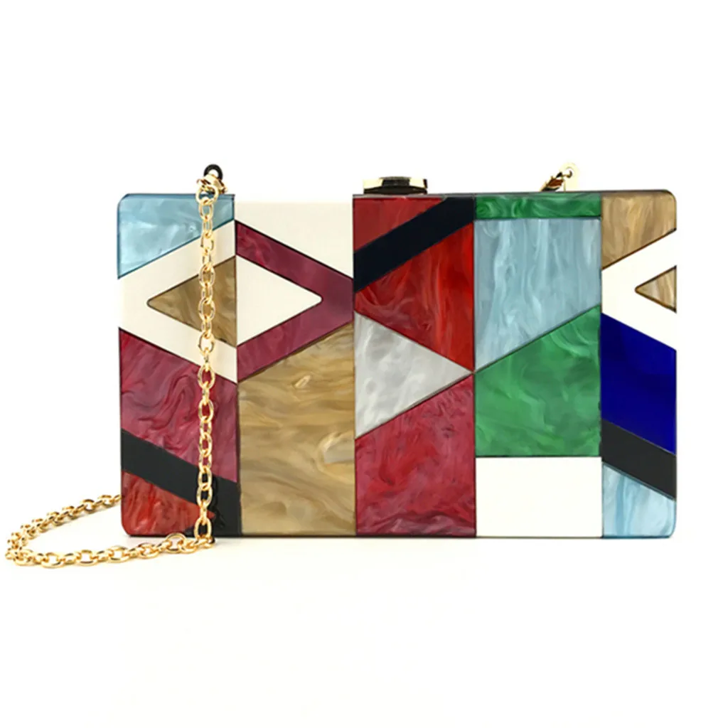 

New Design Evening Bag Geometric Stitching Color Messenger Bags Fashion Ladies Acrylic Box Shaped Handbag For Parties#H40