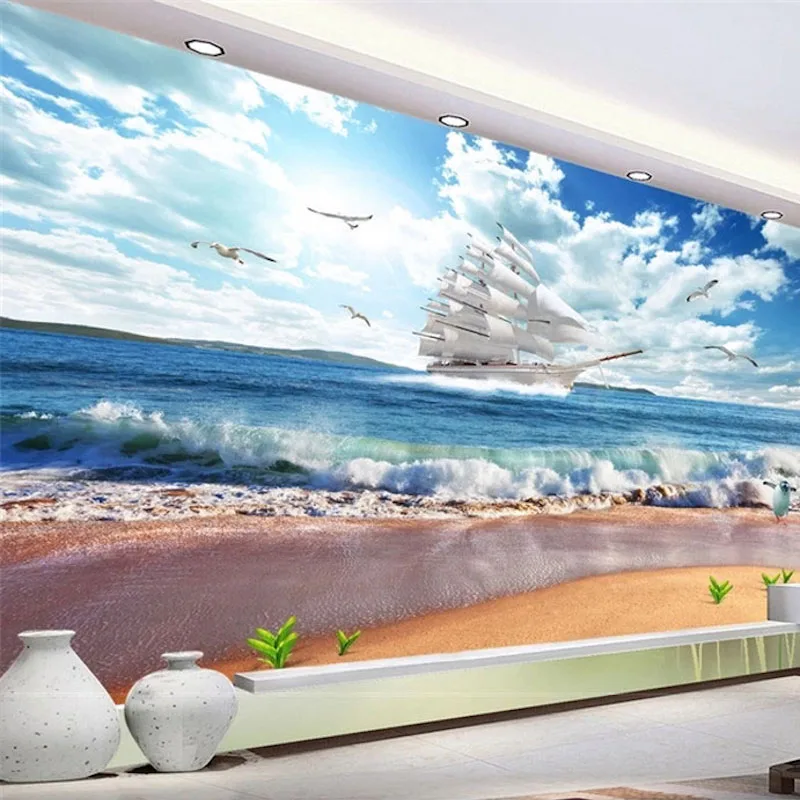 

Custom 3D Fabric Textile Wallcoverings For Walls Matt Silk For Living Room Beach Scenery Surf Cloud Murals Seagull Sailboat Top