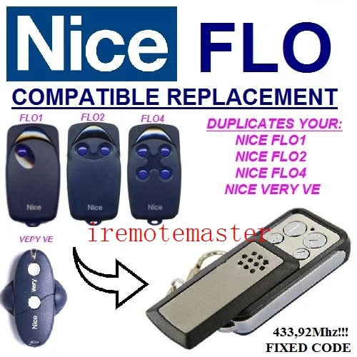 

Nice FLO1,Nice FLO2, Nice FLO4 Replacement Garage Door Remote Control Fixed Code,Gate Control,Garage Command 433.92mhz