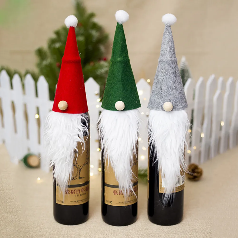 

Adorable Wine Bottle Cover Artificial Beard Christmas Decor Xmas Santa Claus Set Kids Gift for Home Christmas Party Decorations