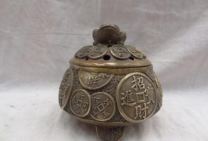 

song voge gem S4407 Chinese Bronze Wealth Bao Coin Cai Hoptoad Statue Tibet Incense Burner Censer