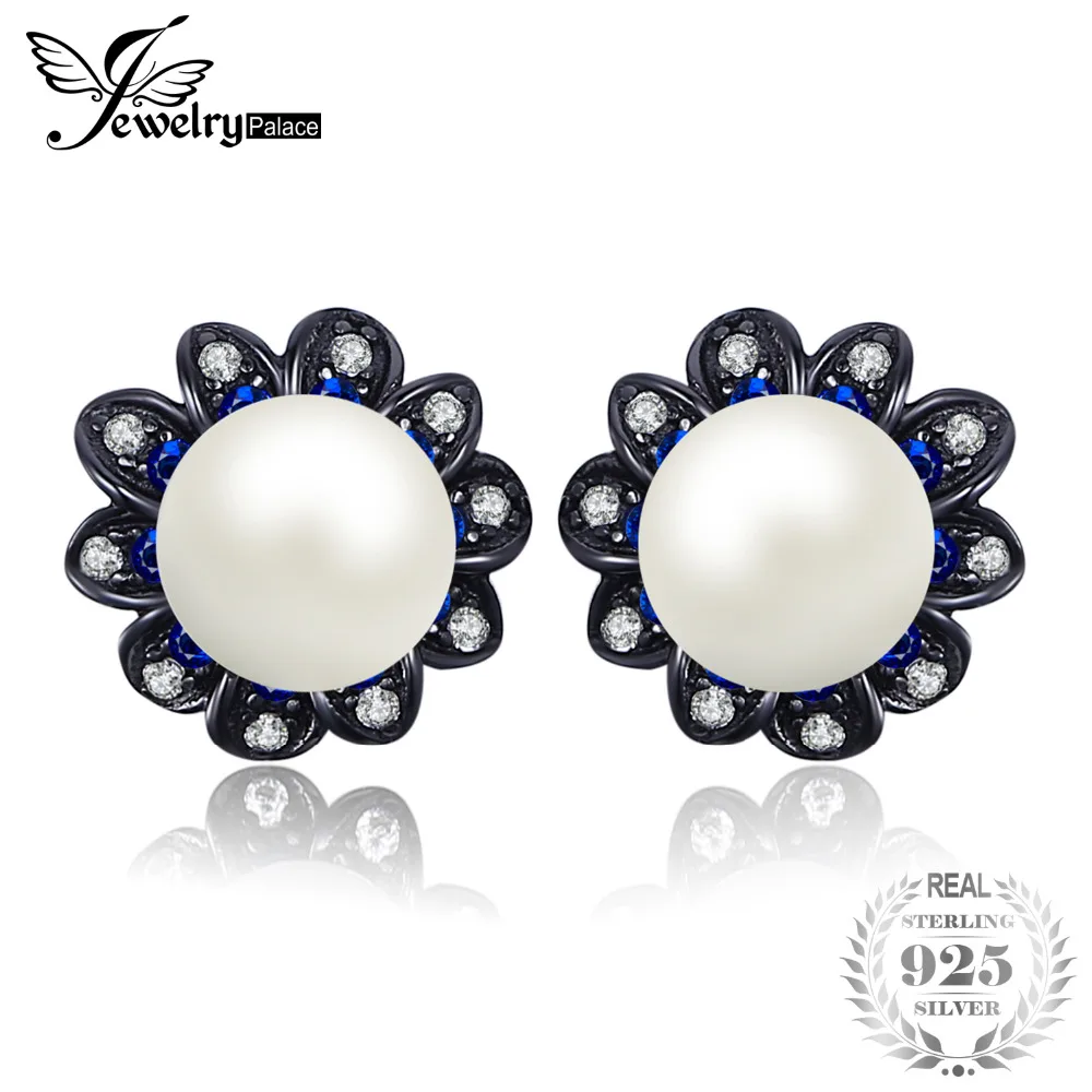 

JewelryPalace Luxury Cultured Pearl & Created Blue Spinel Stud Earrings For Women Genuine 925 Sterling Silver Fine Jewelry Gift