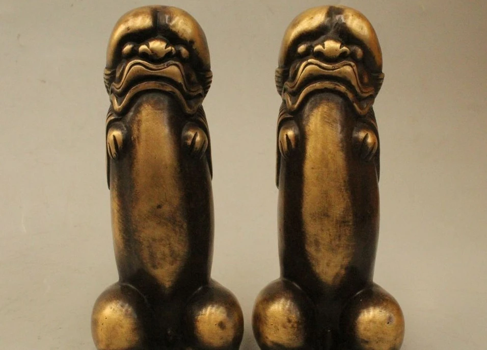 

7" China Chinese Palace Bronze abstract Foo Dogs Lion Yao Wu Yang Wei Statue Pai