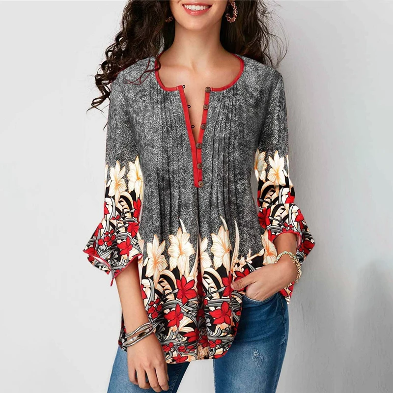 2019 Spring and autumn Long Sleeve Floral Print V-neck Womens V Neck Short Sleeve Curved Hem Tie Dye Business Tunic Blouse