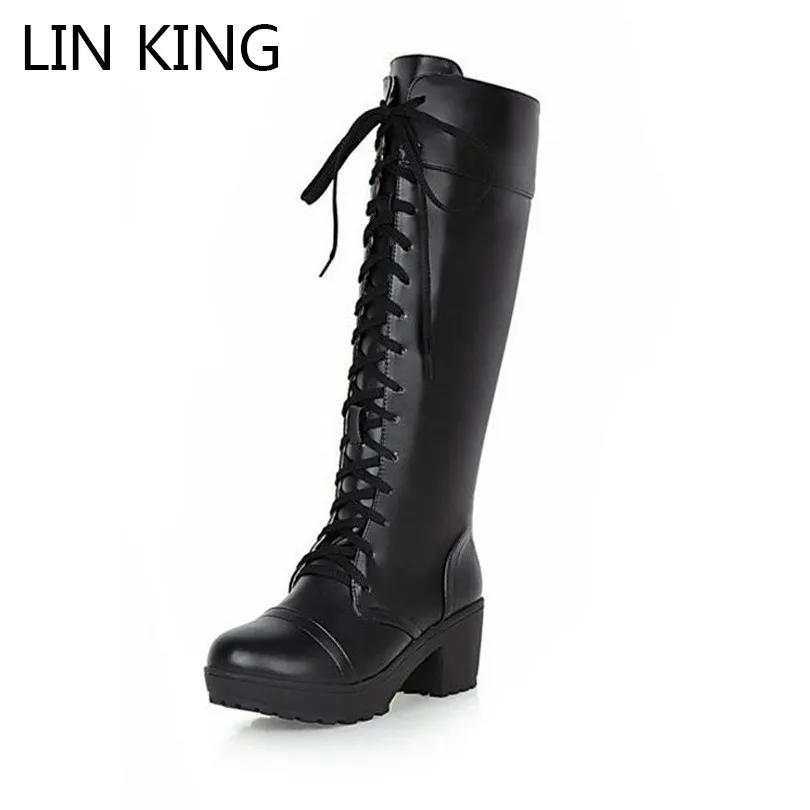 

LIN KING Women Warm Winter Boots Lace-up Square Heel Martin Boots Mid-Calf Round Toe Cosplay Boots Big Size Slim Lady Long Boots