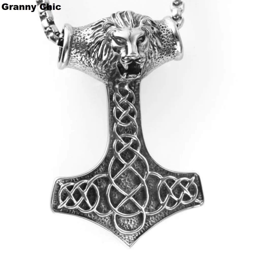 

Granny Chic Fashion Jewelry Mens Jewelry Silver Stainless Steel Lion Thors Hammer Pendant Box Necklace