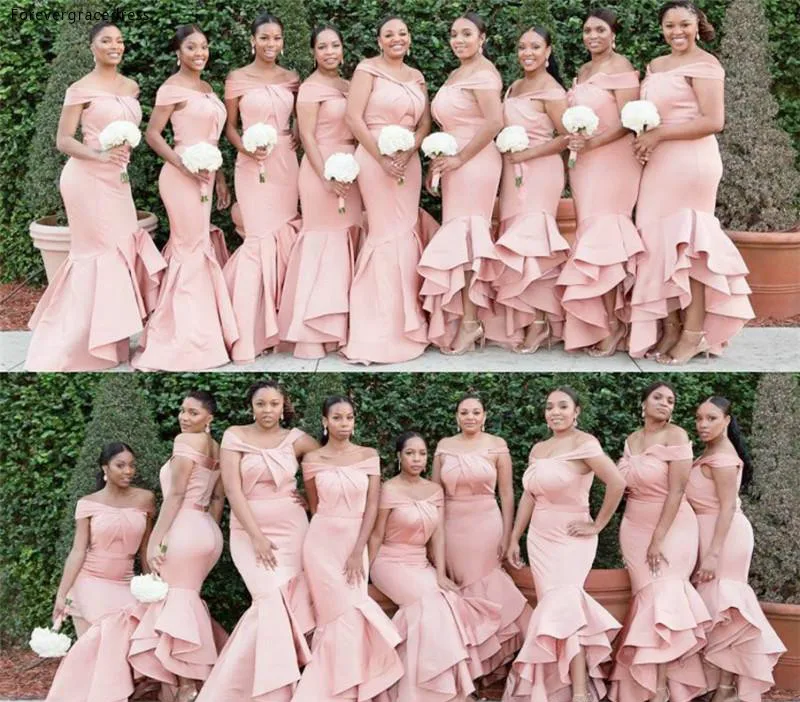 African Pink Mermaid Plus Size Bridesmaid Dresses 2019 Country Wedding Guest Dress Off Shoulders Asymmetrical Ruffles Maid of Honor Gowns 99 (2)