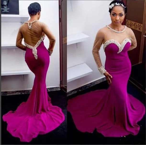 Sexy Sheer Fuchsia Arabic Style Women Crystal Beaded Long Sleeeve Mermaid Evening Dresses 2017 Muslim Long Sain Prom Dresses