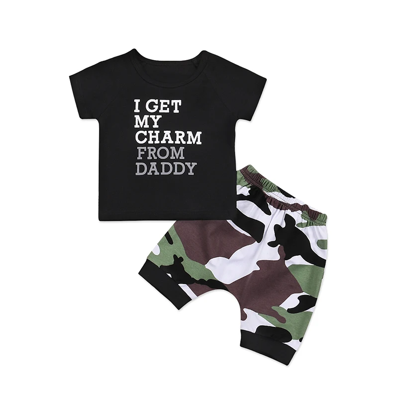 

2PCS Newborn Toddler Kids Boy Clothing Set Summer Short Sleeve Letter Print Cotton T-shirt Tops+Camo Shorts Hot Pant Outfits Set
