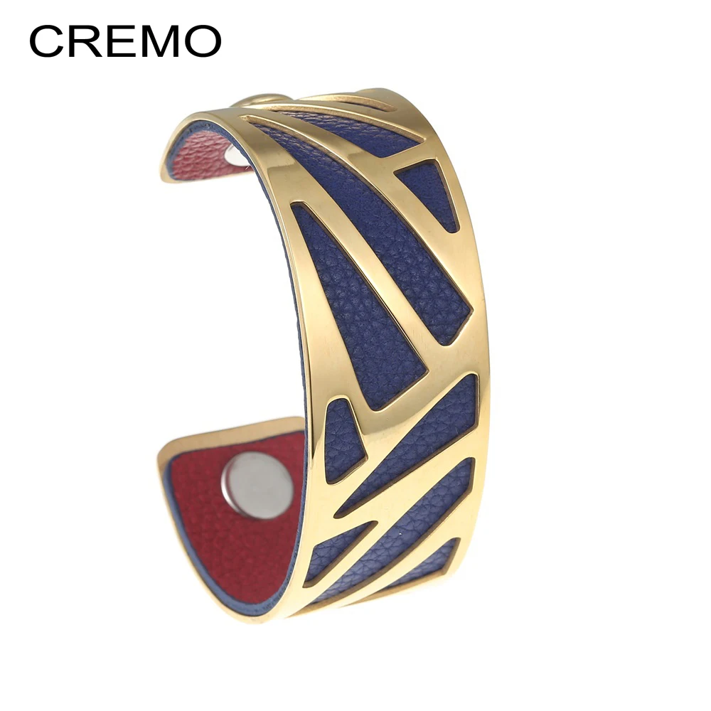 

Cremo Brand New Fashion Gold Bangles For Women Bijoux Reversible Interchangeable Leather Cuff Bracelets Stainless Steel Jewelry