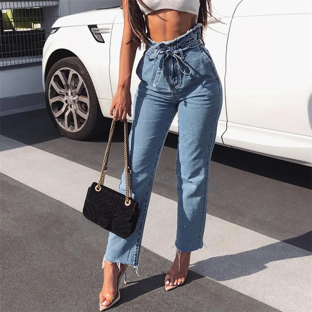 

2019 Women summer fashional Hight Waisted Loose Bow Bandage Hole Denim Jeans Stretch Pants Jean 3.18