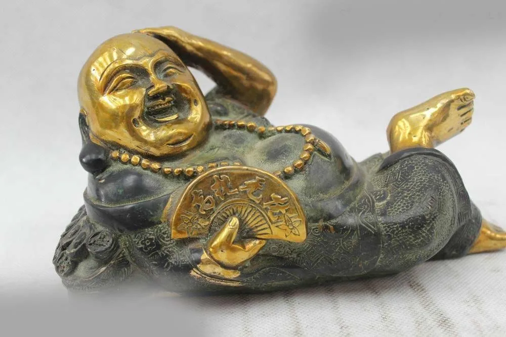 

4"China Buddhism Folk Pure Bronze Lucky Money drawing Maitreya Buddha Statue