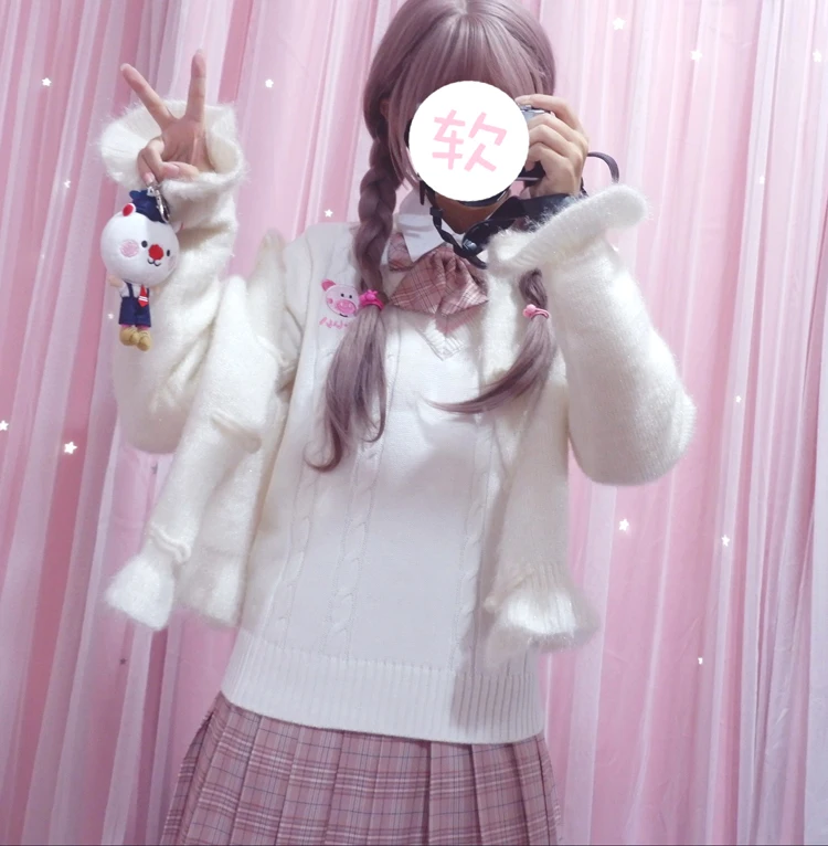 Kawaii Cute Piggy Embroidery Sweater Japanese Korea Preppy Style School JK Uniform Women's V-Neck Long Sleeve Knitted Sweater
