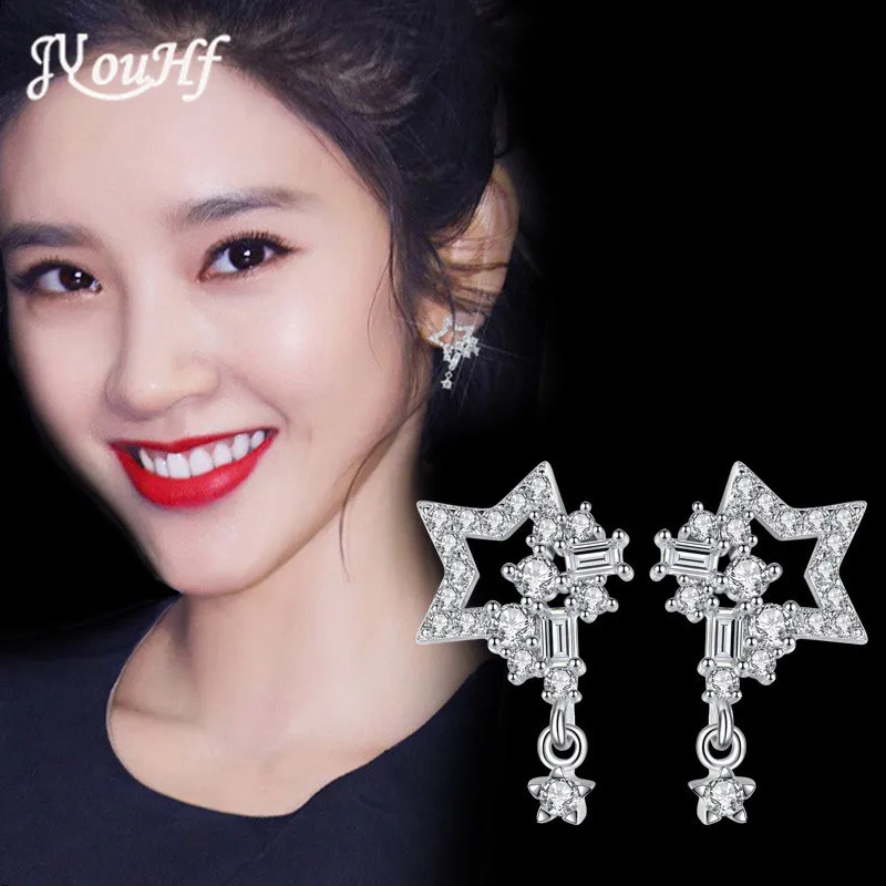 

JYouHF Hot Sale Austrian Crystal Women Earrings 925 Sterling Silver Star Stud Earrings Shiny Cubic Zirconia Earring Bijoux Femme