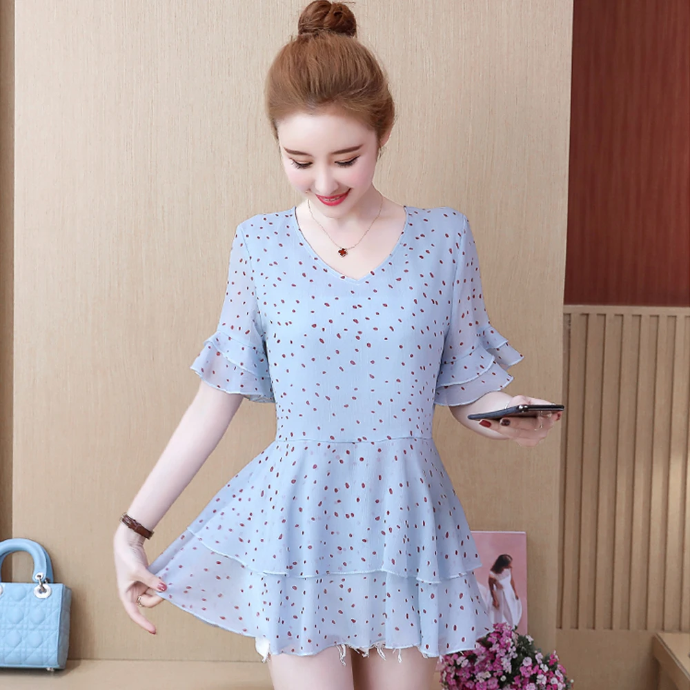 Spring and summer new style L-5XL large size chiffon short sleeve top Fashionable V-neck chiffon shirt