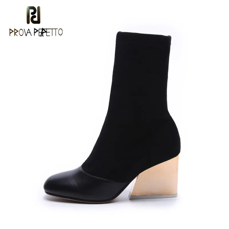 

Prova Perfetto High Quality Real Suede Patchwork Warm Short Plush Women Boot Mature Sexy Solid Side Zipper Thick Heel Mid-Boots