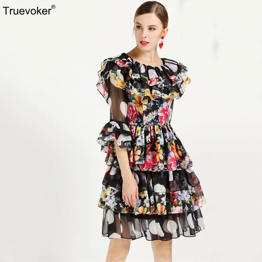 

Truevoker Summer Designer Robe Femme Ete Women's High Quality Flare Sleeve Floral Dot Printed Holiday Vocation Ruffle Cake Dress