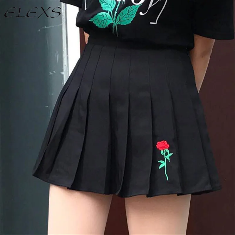

ELEXS Women Rose Embroidered Pleated Skirts Spring Summer Autumn Winter Female Kawaii Casual High Waist Skirts Harajuku E1129