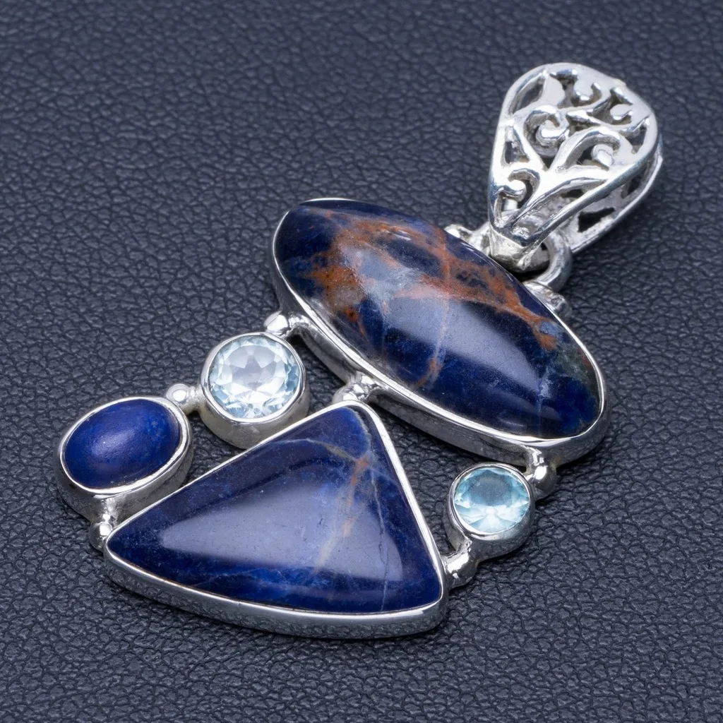 

Natural Navy Sodalite and Blue Topaz Punk Style 925 Sterling Silver Pendant 1 1/2" Q0459