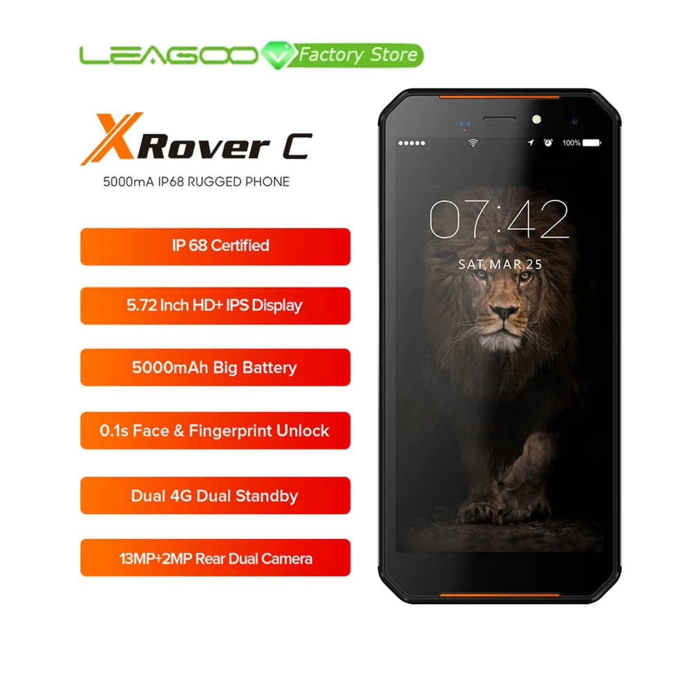 

LEAGOO XRover C IP68 NFC Smartphone 5.72" IPS Quad Core 2GB 16GB 13MP Dual Cams 5000mAh Face Fingerprint Unlock 4G Mobile Phone