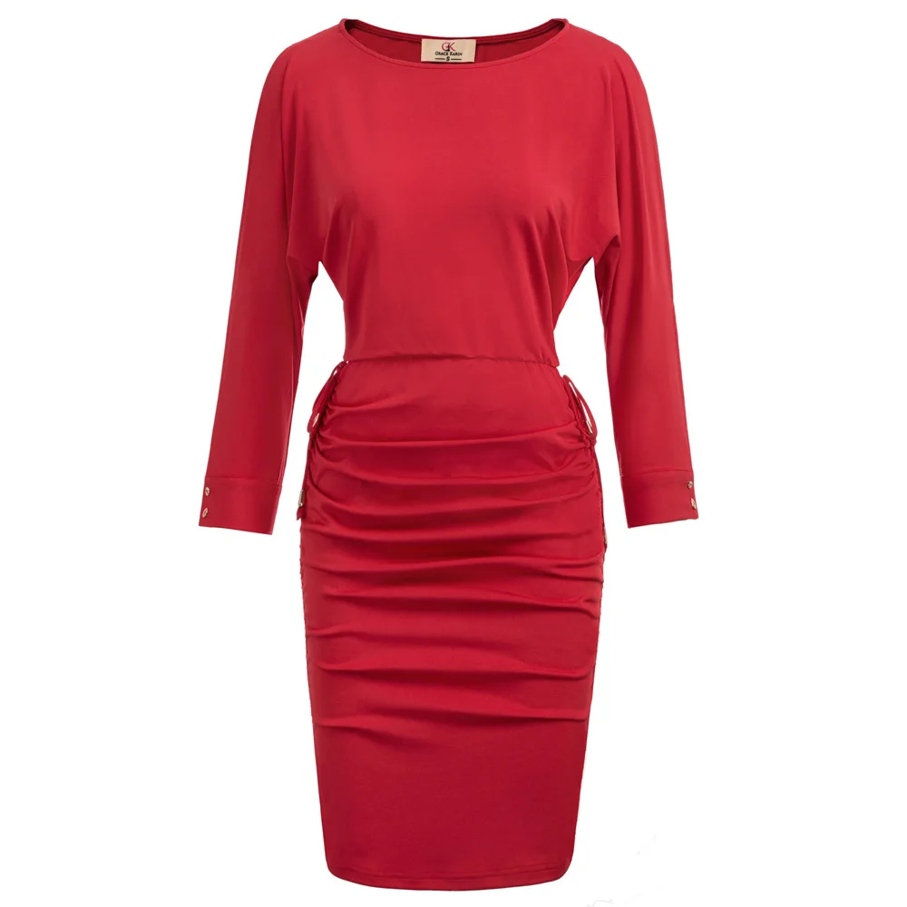 Женские 3/4 Сплит рукав средней длины Ruched Bodycon платье простые элегантные простые тонкие