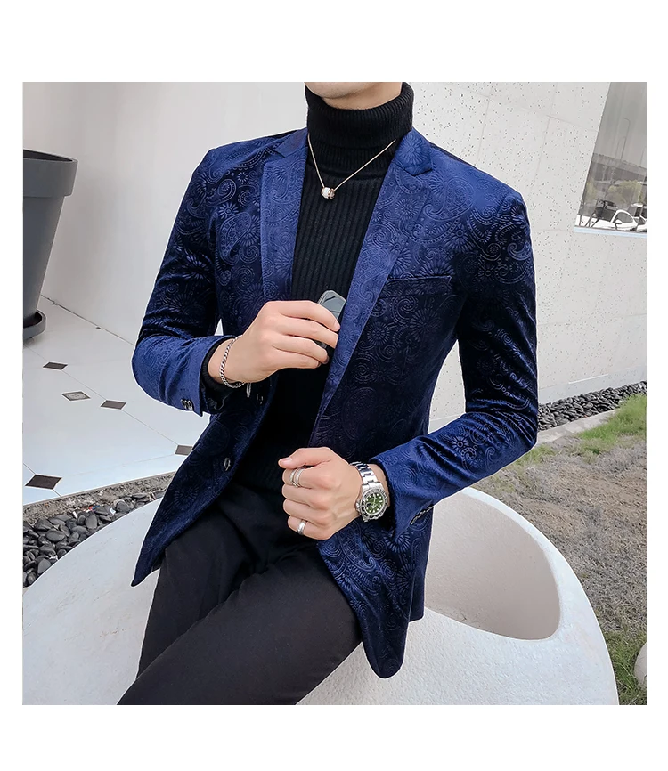 Синий мужской бархатный костюм мужской Костюмный пиджак Повседневное Бизнес цветочным узором роскошные стильные блейзеры для Для мужчин