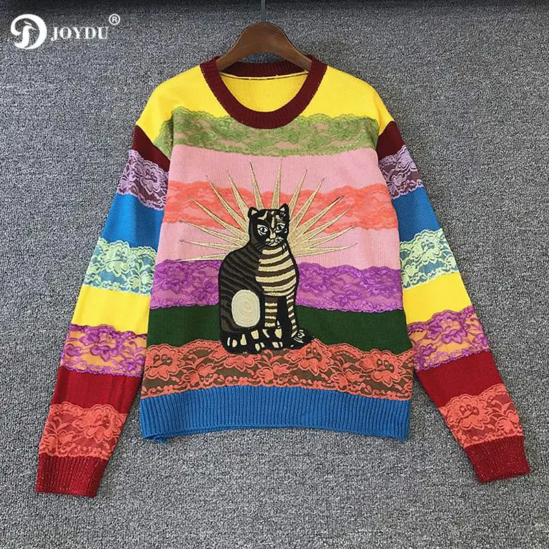 

JOYDU Runway Cotton Womens Sweaters 2018 Vintage Winter Embroidery Cat Lace Patchwork Rainbow Stripes Pullover Knit Sweater Tops
