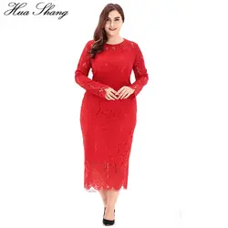 Хуа Шан Для женщин летние кружевное платье с длинными рукавами элегантное кружевное Цветочные выдалбливают Bodycon красный вечерние платье 6XL