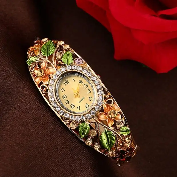 Модные золотые часы браслет часы женские цветок драгоценный камень Классические наручные часы с украшениями женское платье часы Новые кварцевые часы#080