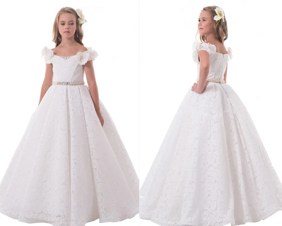 

White Ivory Flower Girls Dresses Ball Gown with Beaded Sash Princess First Communion Dress Any Size