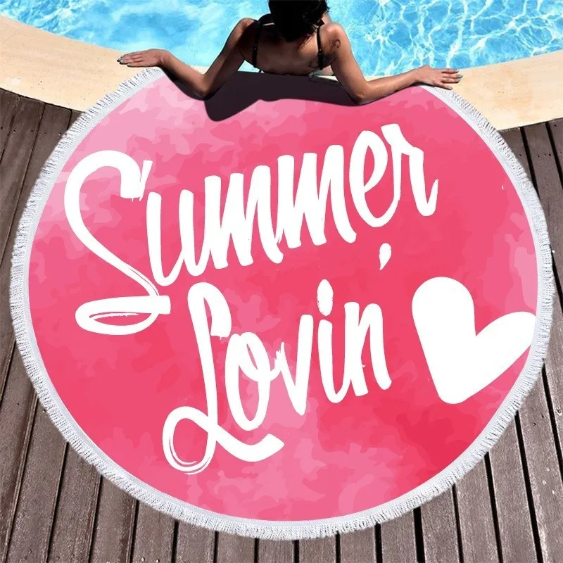 

Large Round Beach Towel Letters Printed Pink Yellow Microfiber Bath Towel For Adults Round Serviette De Plage Summer Sport Towel