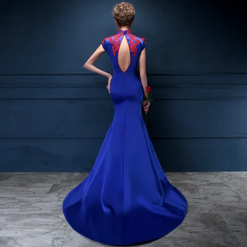 Women's Royal Blue Trailing Strapless Qipao Evening Dress Chinese Traditional  Brocade Long Mermaid Plus Size 3XL  (14)