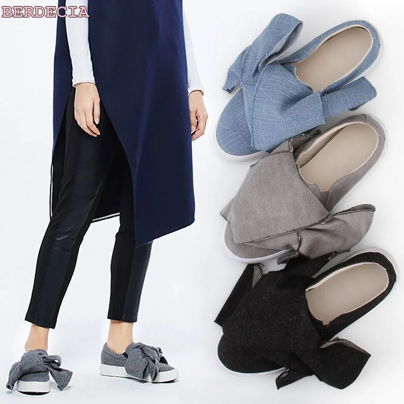

2017 spring european style big bow knot flats light blue black denim concise fit shoes high quality flat shoes women dressing