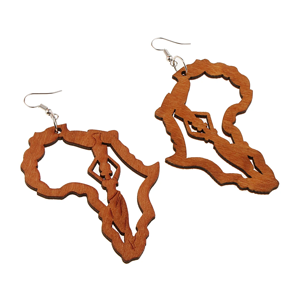 Retro Ethnic Natural Women Girl Wooden African Map Tribal Drop Hoop Earring 