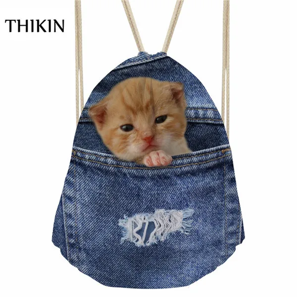 THIKIN/женские сумки для плавания,, 3D, синие, DenimCute, животные, кошка, принт, нарисованные, струнные рюкзаки, Повседневная пляжная сумка для мальчиков, спортивная сумка - Цвет: as picture