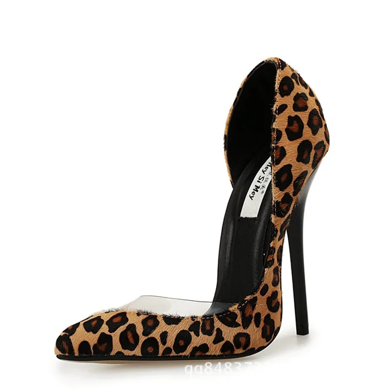 Brand Shoes Woman Extreme High Heels Sexy Party Wedding Shoes Pointed Toe Horsehair Leopard Women Pumps Plus Size Fetish Heels