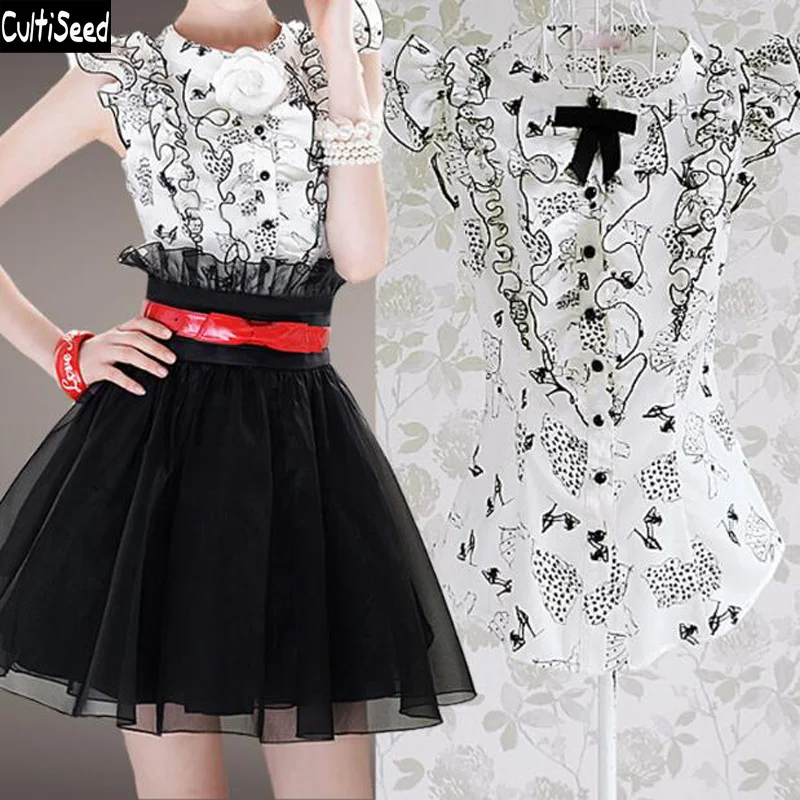 

Cultiseed Women Summer Shirts Blouses Ladies Korean White Print Ruffles Sleeveless Vest Shirts Tops Female Slim Party Shirts