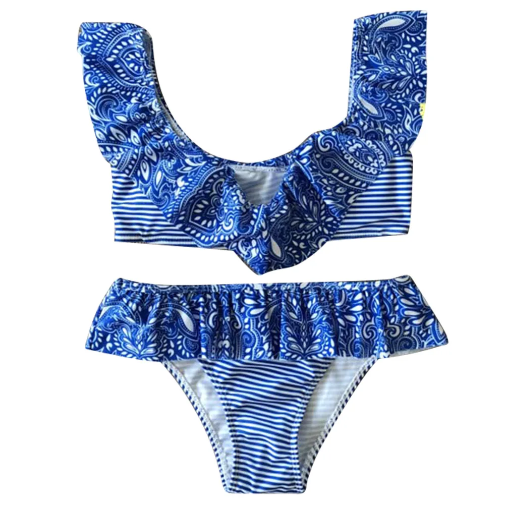 

Women Summer Off Shoulder Bikini Top with Pants Print Ruffled Hem Low Waist Swimsuit BHD2