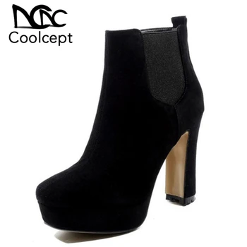 

CoolCept Women Real Leather High Heel Boots Square Toe Elastic Band Ankle Boots Winter Fur Shoes Women Footwear Size 34-39