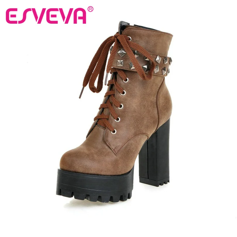 ESVEVA Square High Heel Shoes Women Punk Motorcycle Boots Lace up Rivets Ankle Boots Platform Ladies