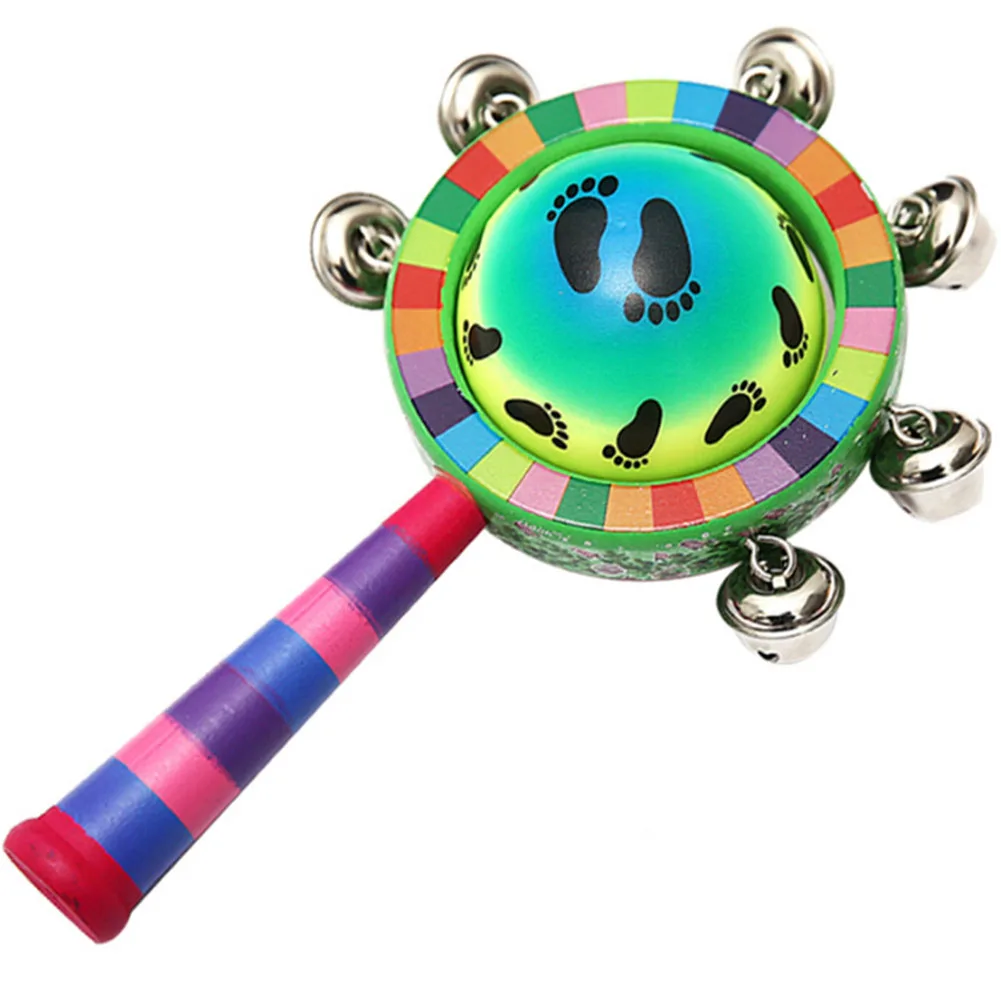 1 pc colorful Wooden Stick Jingle Bells Rainbow Hand Shake Bell Rattles Baby Kids Children