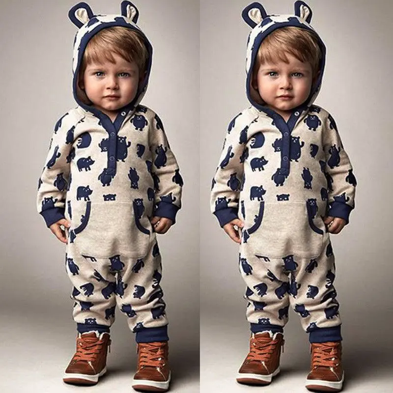 

Kids Baby Boys Girls Warm Infant Romper Jumpsuit Cute Bear Gray Hooded Cotton Clothes Outfits Autumn